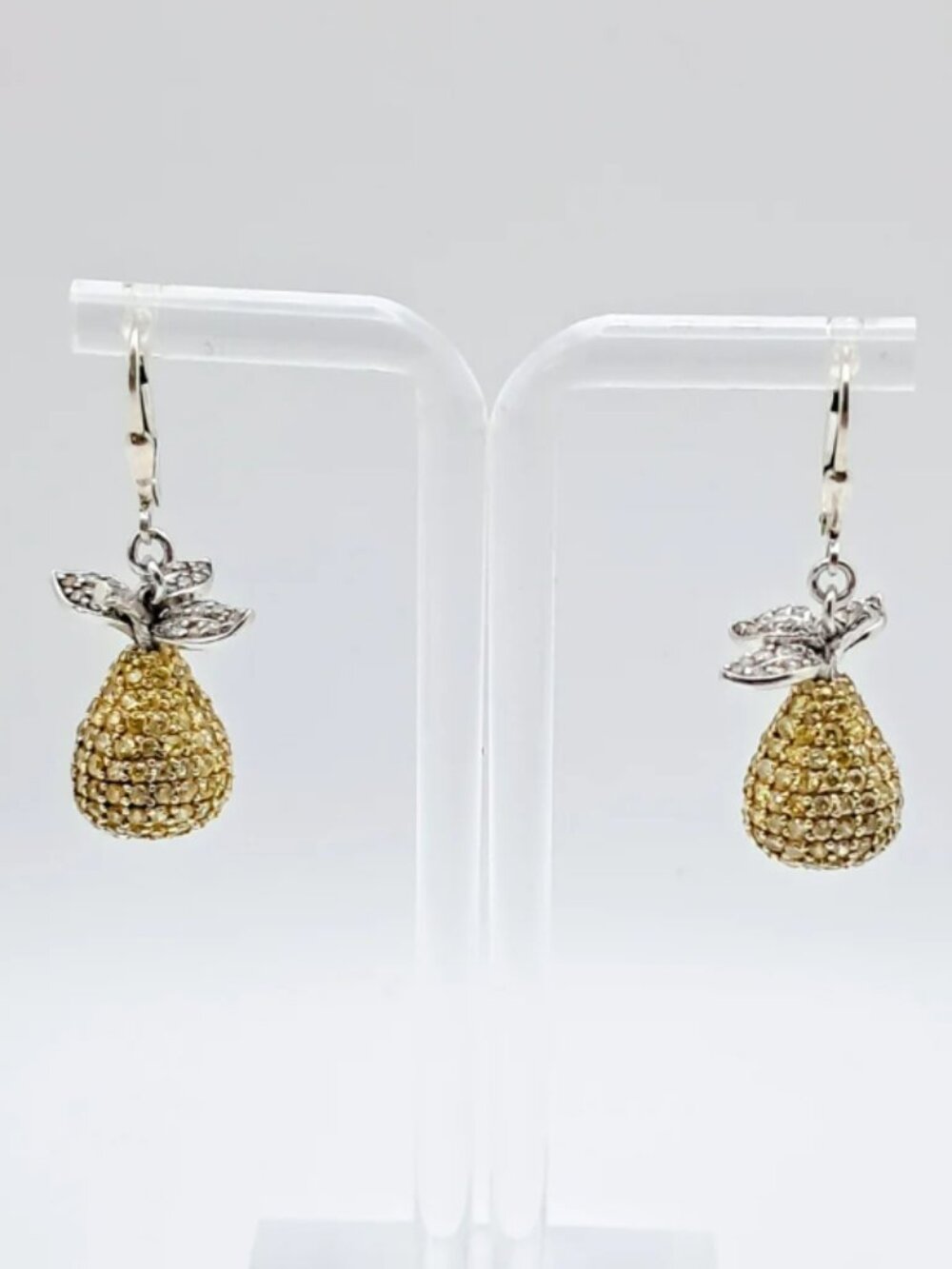 Sterling Pear Fruit Pave Crystal Dangle Earrings Rhodium Plated Silver Jewelry